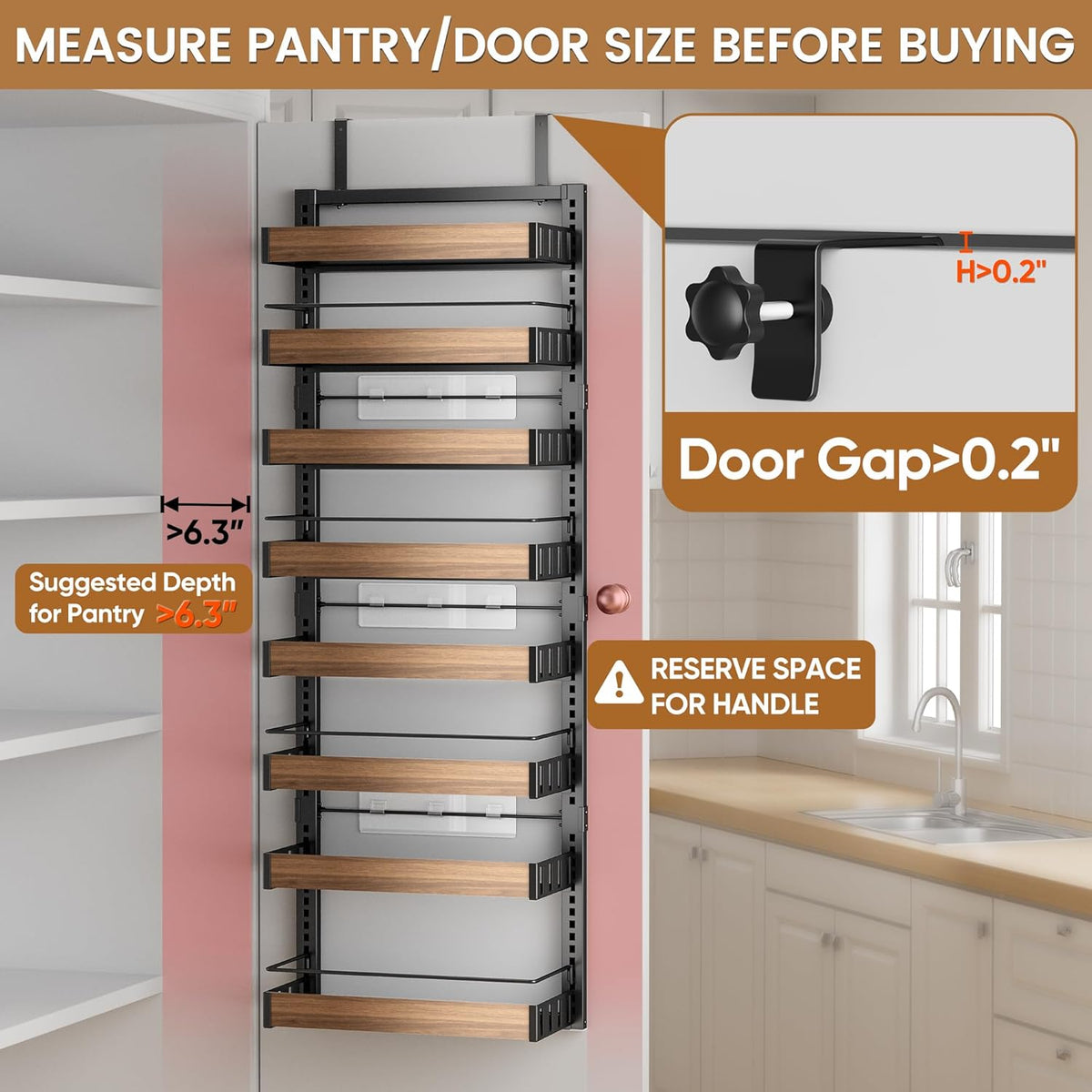 POKIPO 8 Tier Over The Door Pantry Organizer, 2 IN 1 Wall Mount or Hanging Spice Rack Seasoning Shelves with Adjustable Basket, Back of Door Organizer and Storage for Kitchen Cabinet and Room Closet