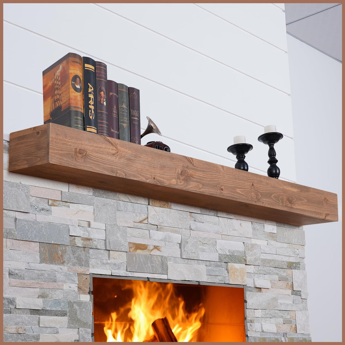 G GOOD GAIN 60'' Fireplace Mantel, 5'' Pine Wood Floating Shelf, DarkWalnut