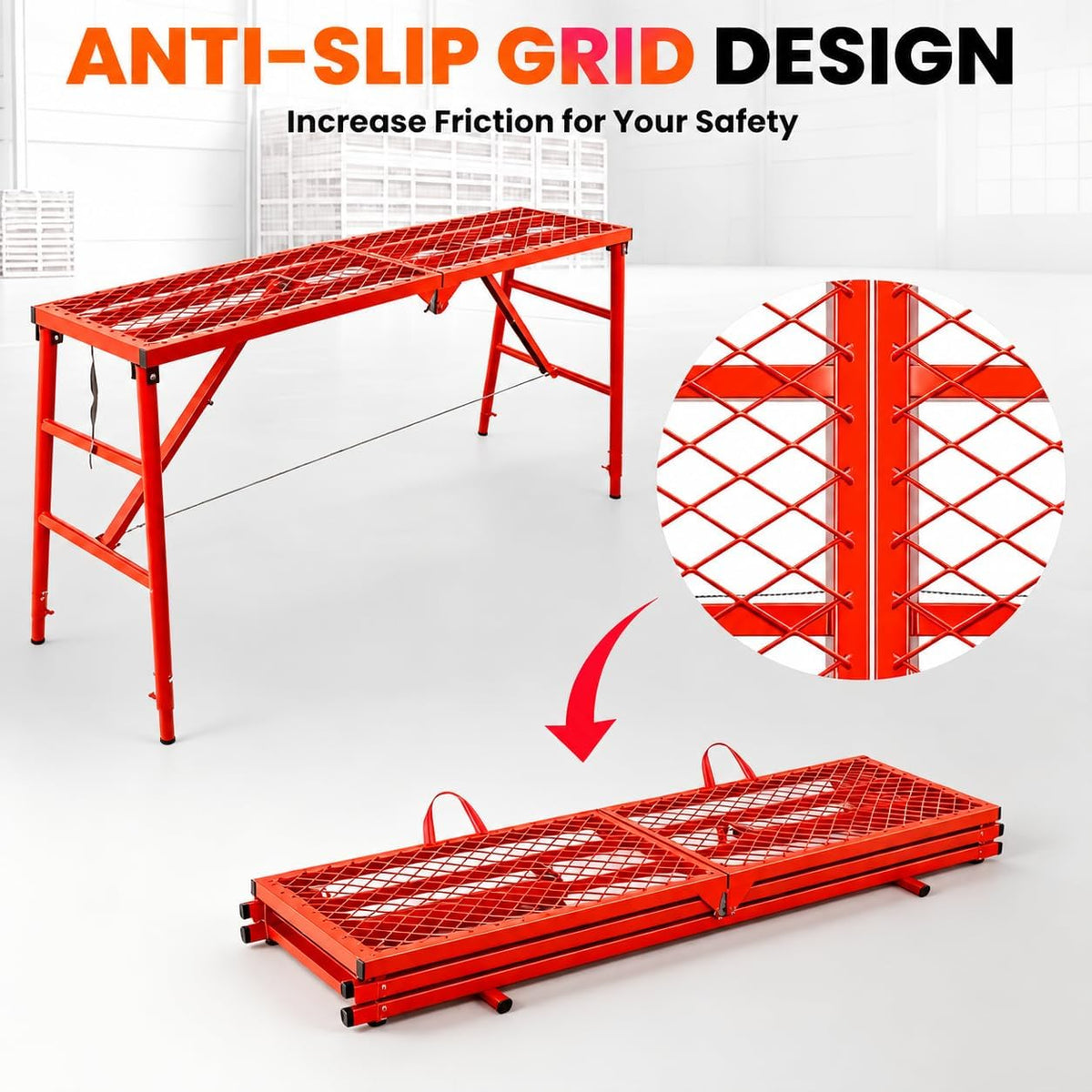 Scaffolding Platform Ladder 74” x 20” x 60”, 888LBS Heavy-Duty Steel, 5-Level Adjustable Anti-Slip Portable Scaffolding Platform, Foldable Scaffolding Work Platform for Warehouse Use