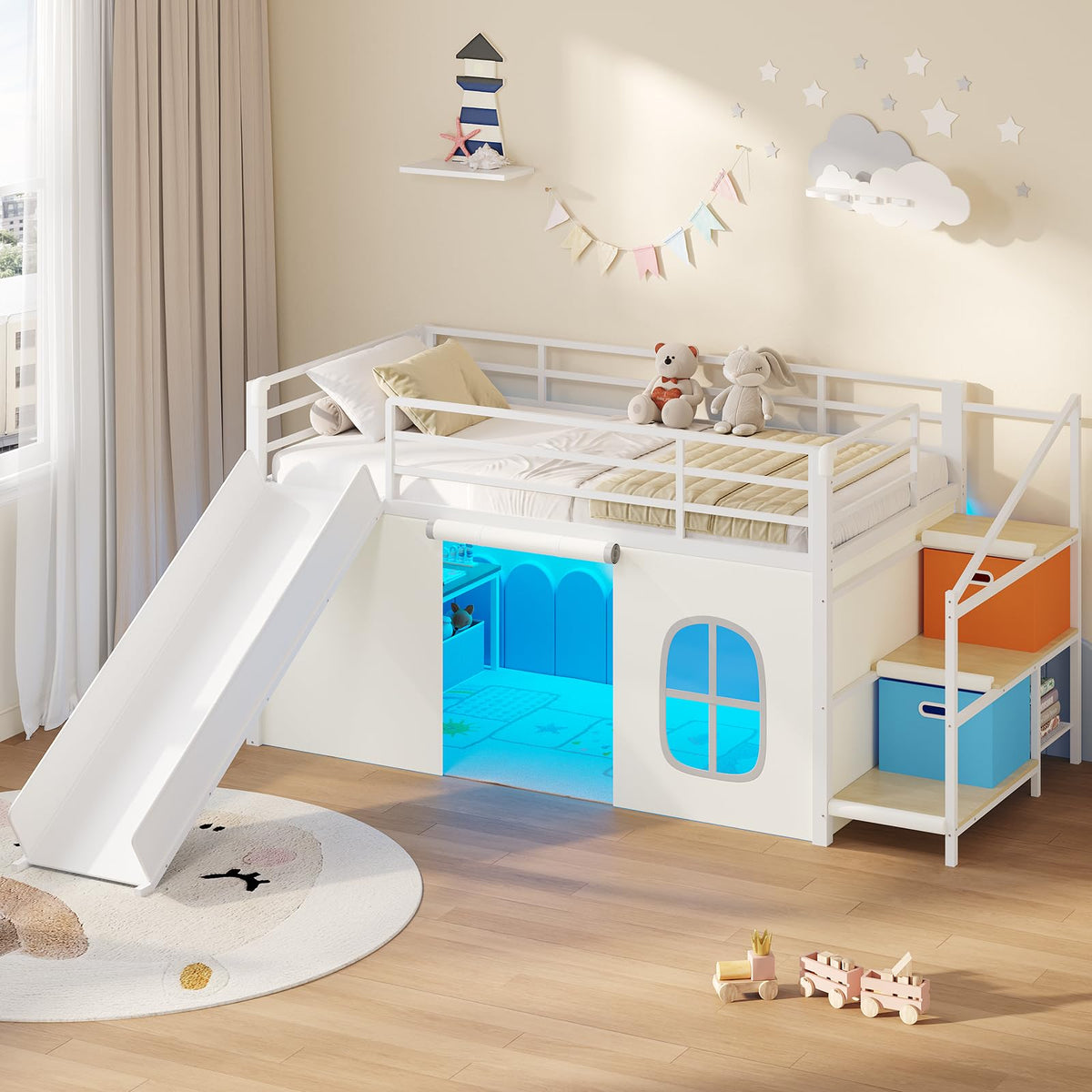 DICTAC Low Loft Bed with Slide,Storage Stairway and Led Lights Metal Twin Size Loft Bed with Under-Bed Play Space,Art Table & Play Curtain Twin Beds with 2 Drawers and 13.8''H Safety Guardrail,Black