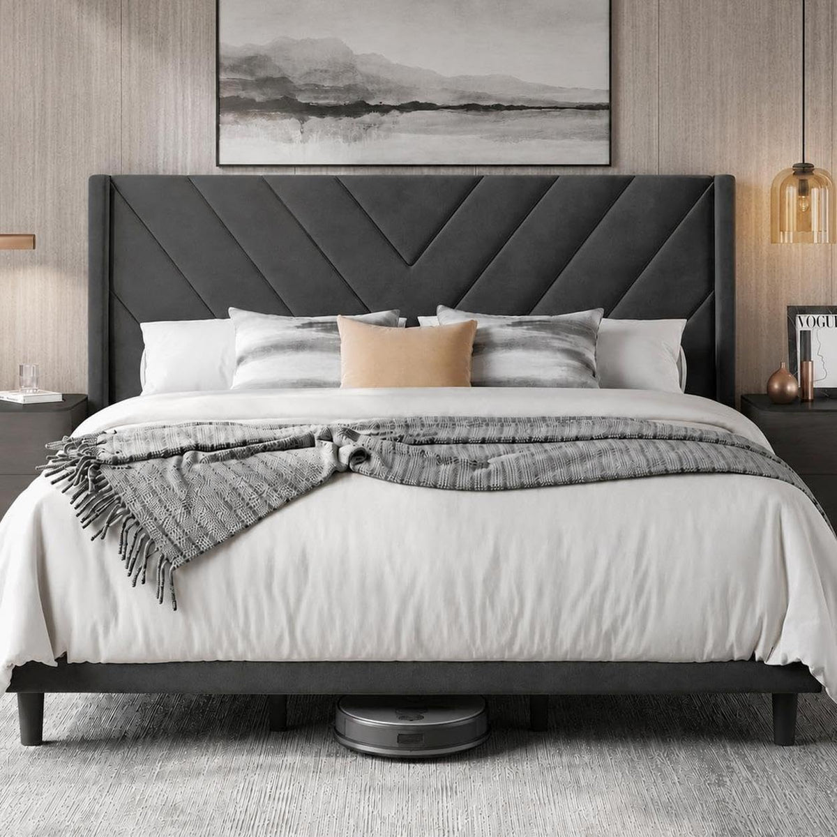 Yaheetech Queen Bed Frame with Chevron Channel-Tufted Headboard, Beige