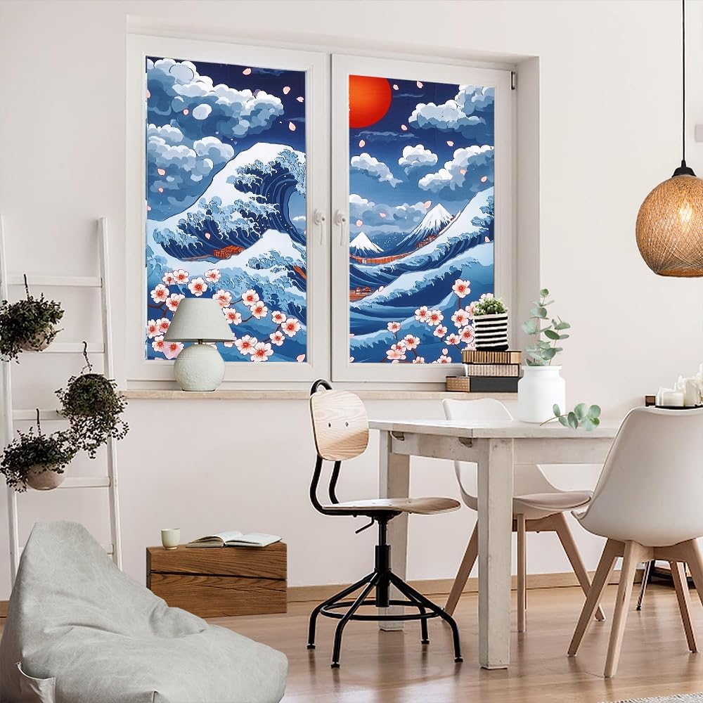 Ocean Waves Cherry Blossoms Window Privacy Film 31.5Wx55.1L inch x 2pcs
