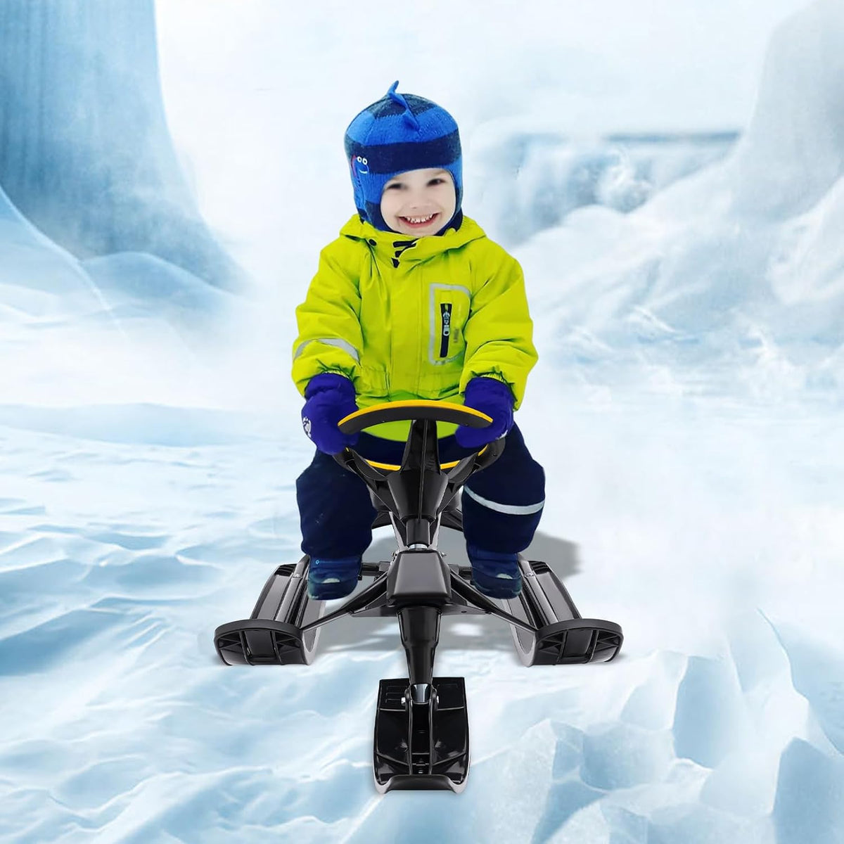 Kart Snow Sled, Steering Snow Sled, Snow Sled for Kids, 220Lb, Kart Style, Steering & Brakes, 31In Baseboard, Ski Sand Grass, 3-15Y, PU Seat
