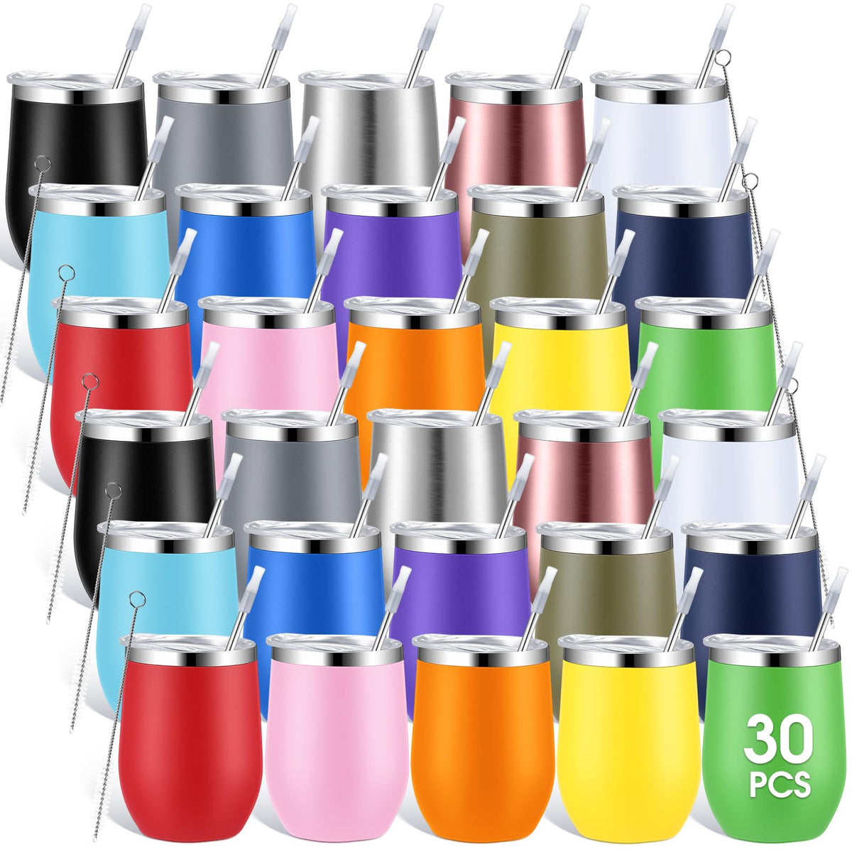 Inbagi 30 Pack 12 oz Stainless Steel Tumblers Bulk with Lids and Straws, Double Wall Insulated Wine Tumblers for Wedding Party Favors, Bridal Shower, Birthday Event Gifts (Navy Blue)