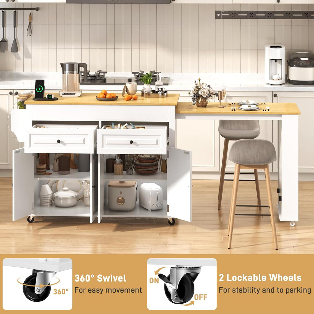 80"-48" Extendable Kitchen Island with Extended Dining Table and Power Outlet,Large Mobile Kitchen Storage Islands with 2 Storage Drawers,Rolling Islands Cart with 3 Extra Rows Open Shelves(White)