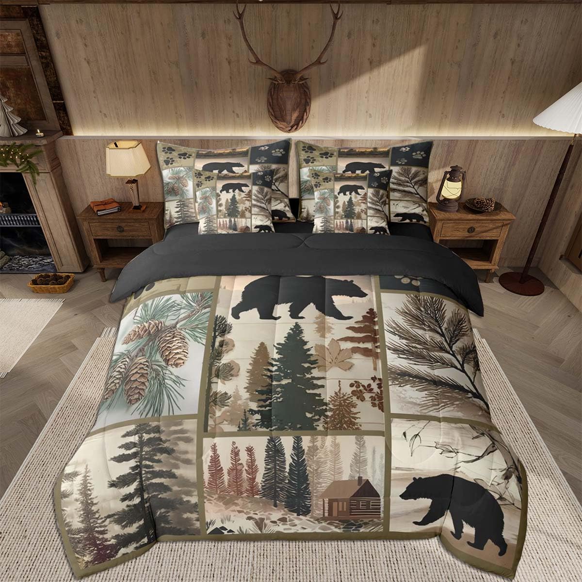 Feelyou Deer Comforter Set with Sheets King Size 7 piece Kids Rustic Deer Hunting Bedding Set Cabin Lodge Deer Bed in a Bag Farmhouse Nature Wildlife Antlers Brown Bed Set