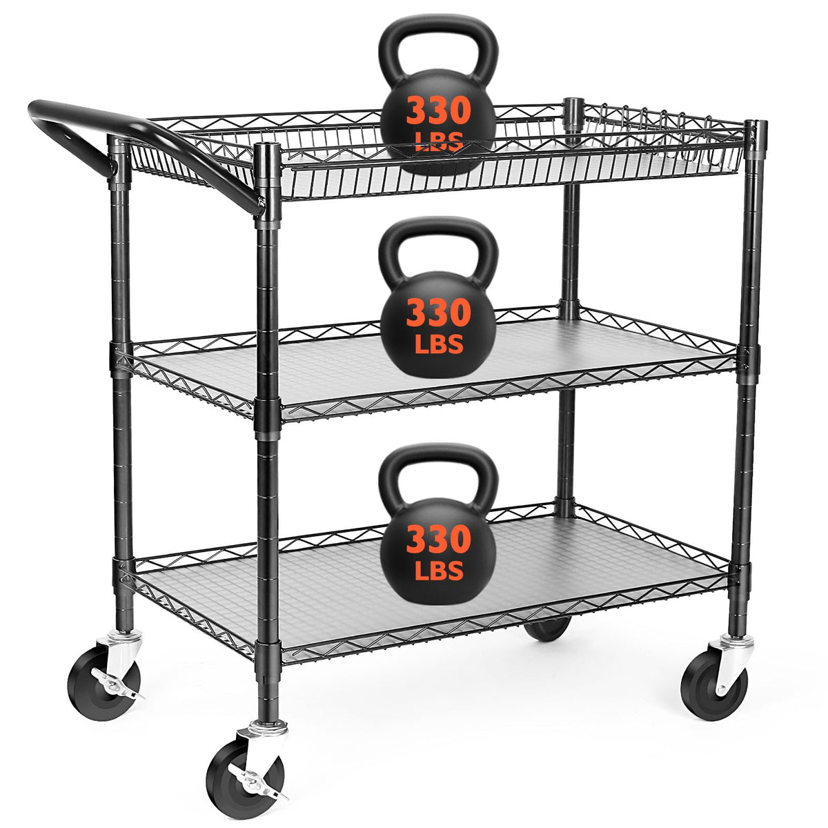 BolDuck Heavy Duty Utility Cart, 990Lbs Capacity 3 Tier Rolling Carts with Wheels, Kitchen Cart on Wheels with Storage, Commercial Grade Metal Serving Carts with Wire Shelving &Handle Bar, Black