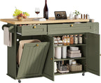 ONBRILL 60" Kitchen Island with Trash Can Storage, Rolling Island Table