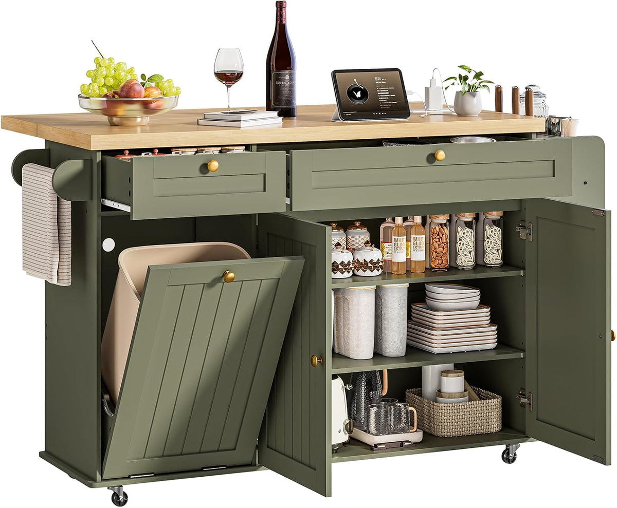ONBRILL 60" Kitchen Island with Trash Can Storage, Rolling Island Table