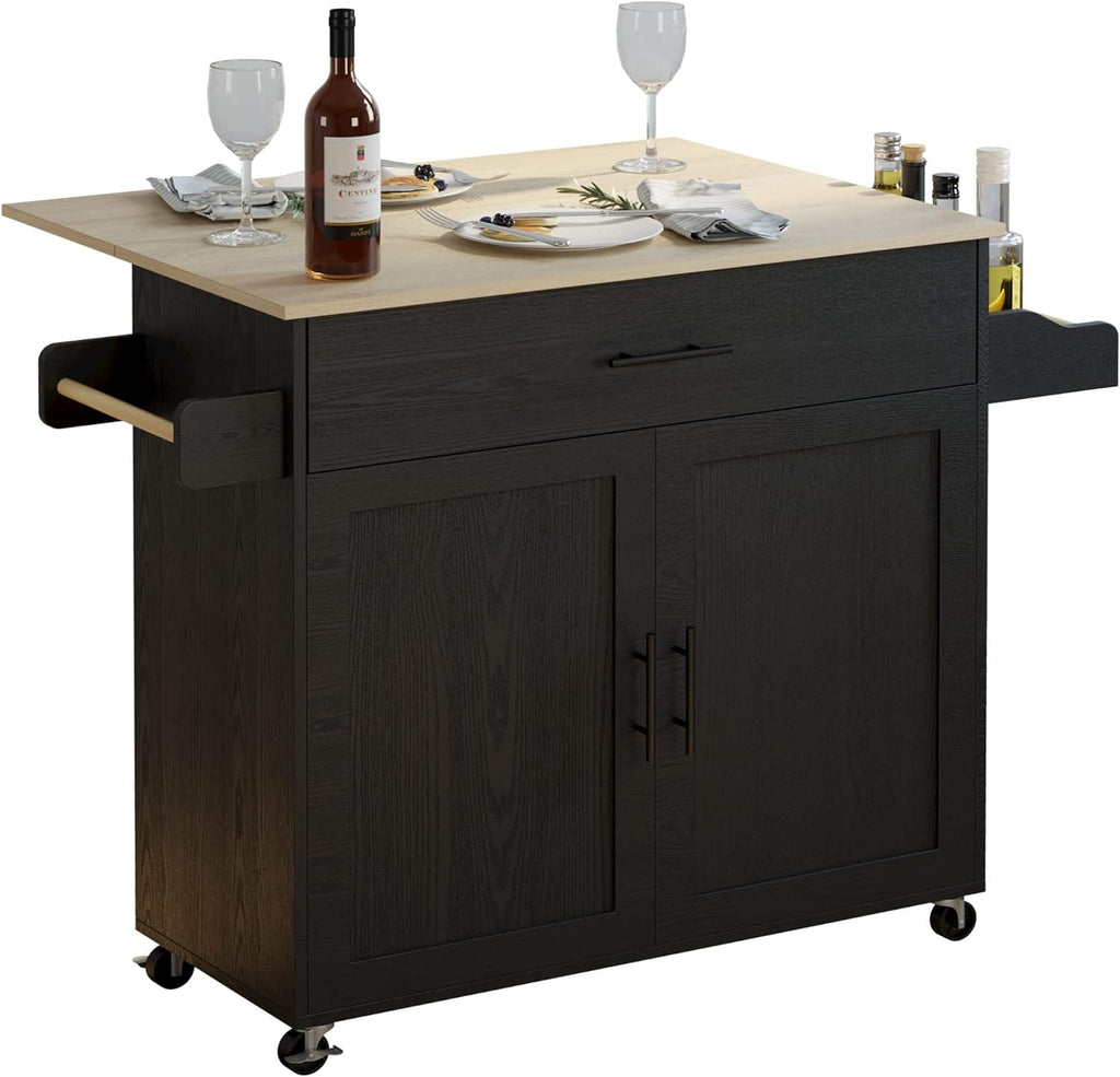 IRONCK Kitchen Island Table on Wheels with Drop Leaf, 47.25" Wide Black