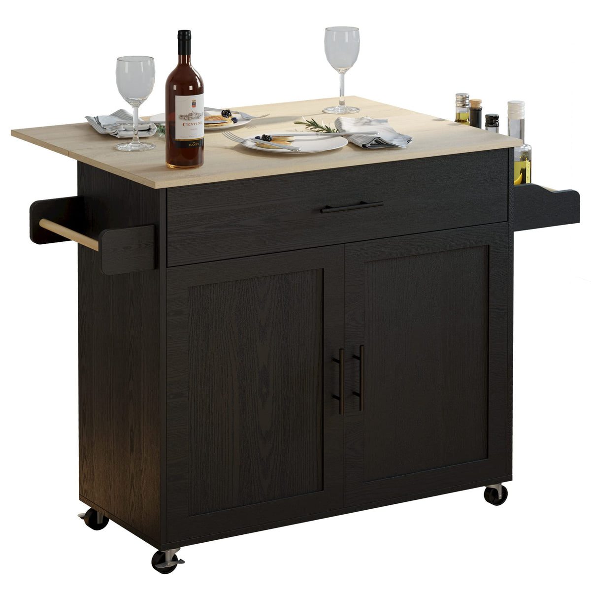 IRONCK Kitchen Island Table on Wheels with Drop Leaf, 47.25" Wide Black