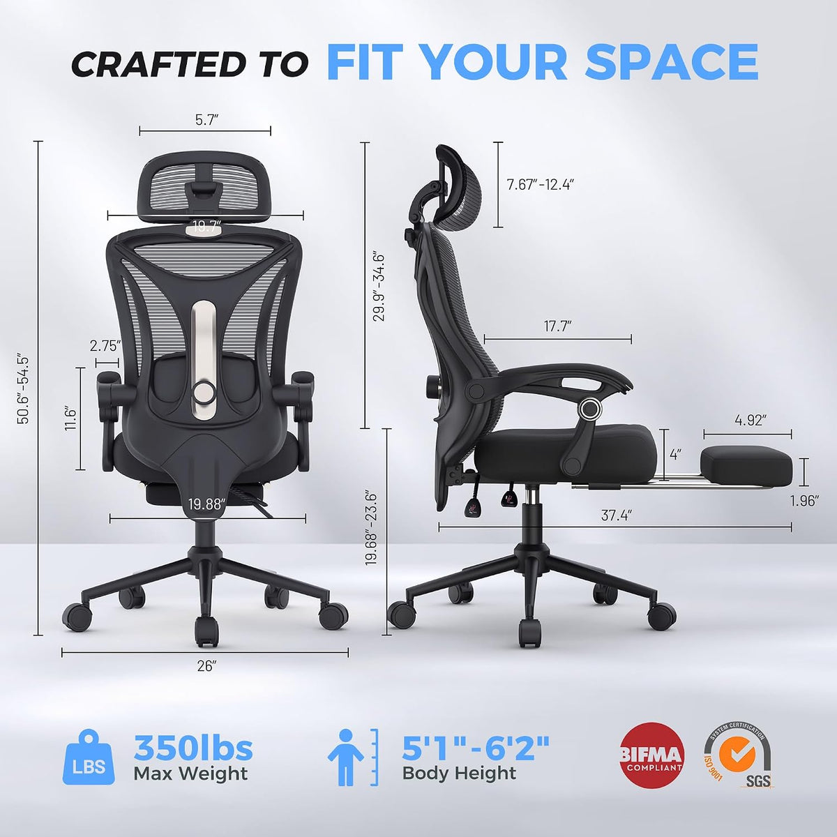 CYKOV Ergonomic Office Chair with Footrest, Reclining Mesh Back, 350 Lbs
