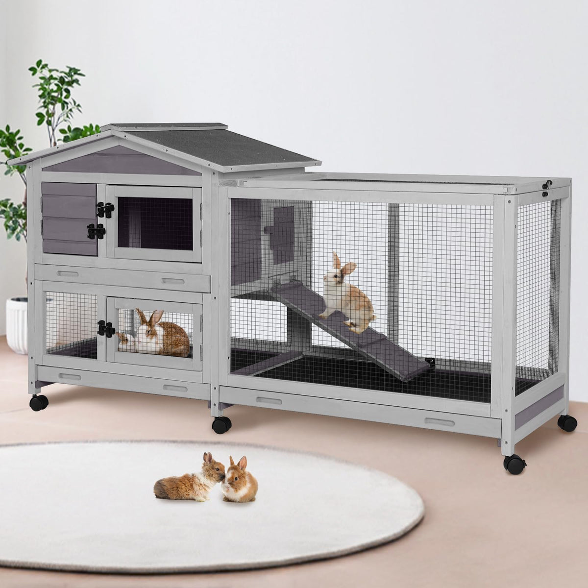 Suumerpety 2-Story Wooden Rabbit Hutch with Chew-Proof Ramp, Dual Leak-Proof Pull-Out Trays & 4 Lockable Wheels, Indoor Outdoor Bunny Cage for Rabbits & Guinea Pigs (Grey)