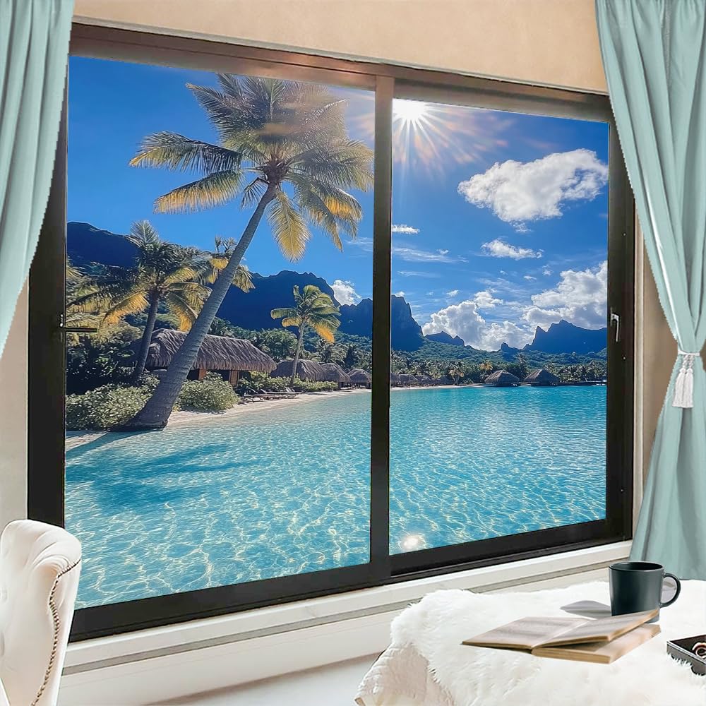 Ocean Waves Cherry Blossoms Window Privacy Film 31.5Wx55.1L inch x 2pcs