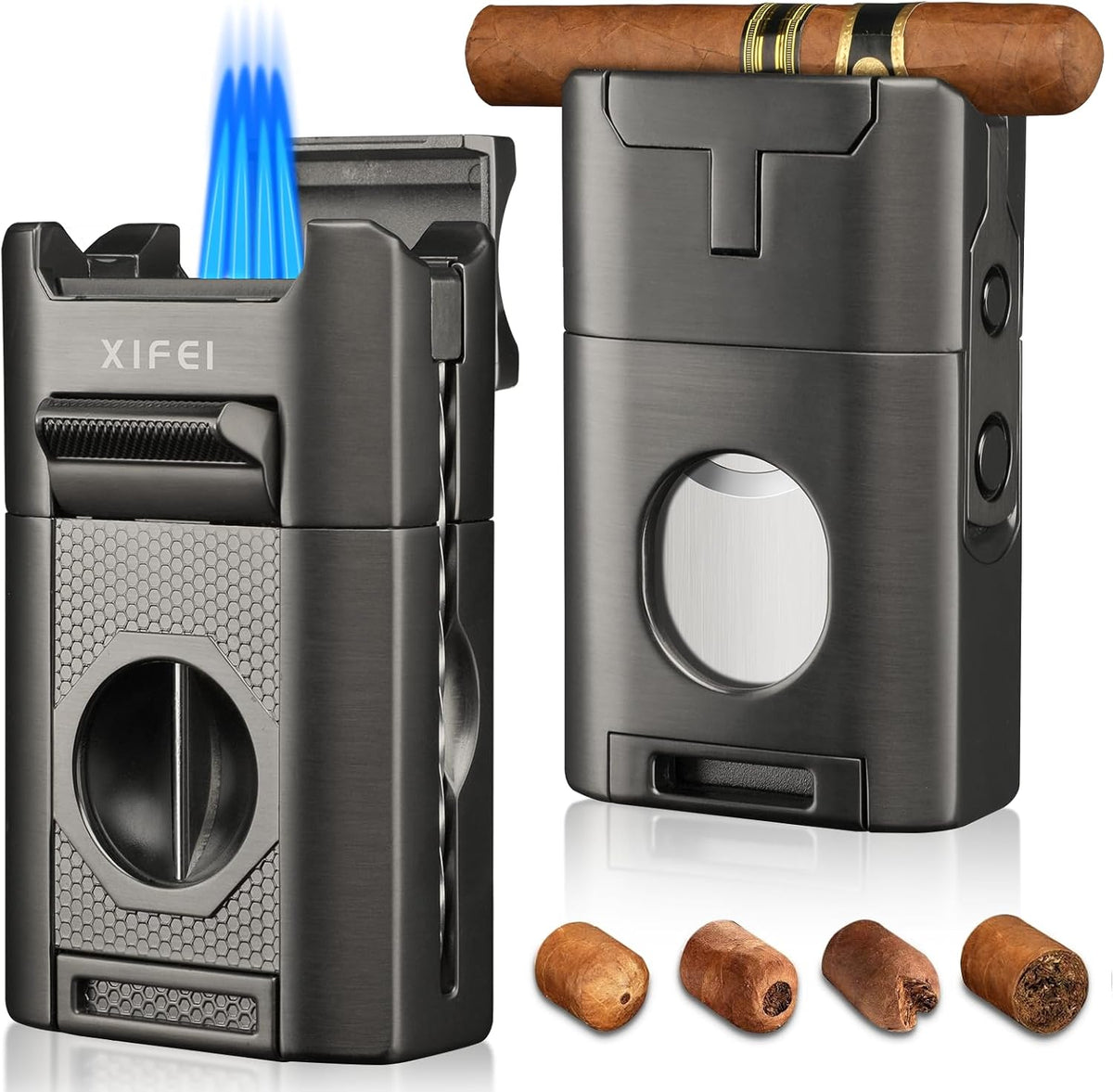 XIFEI 6-in-1 Cigar Lighter, Desktop Torch Lighter with Straight Cut V-Cut Cigar Cutter, Dual Cigar Punch, Cigar Draw Enhancer, Cigar Holder, 4 Jet Flame Refillable Butane Lighter Gift for Men (Gray)
