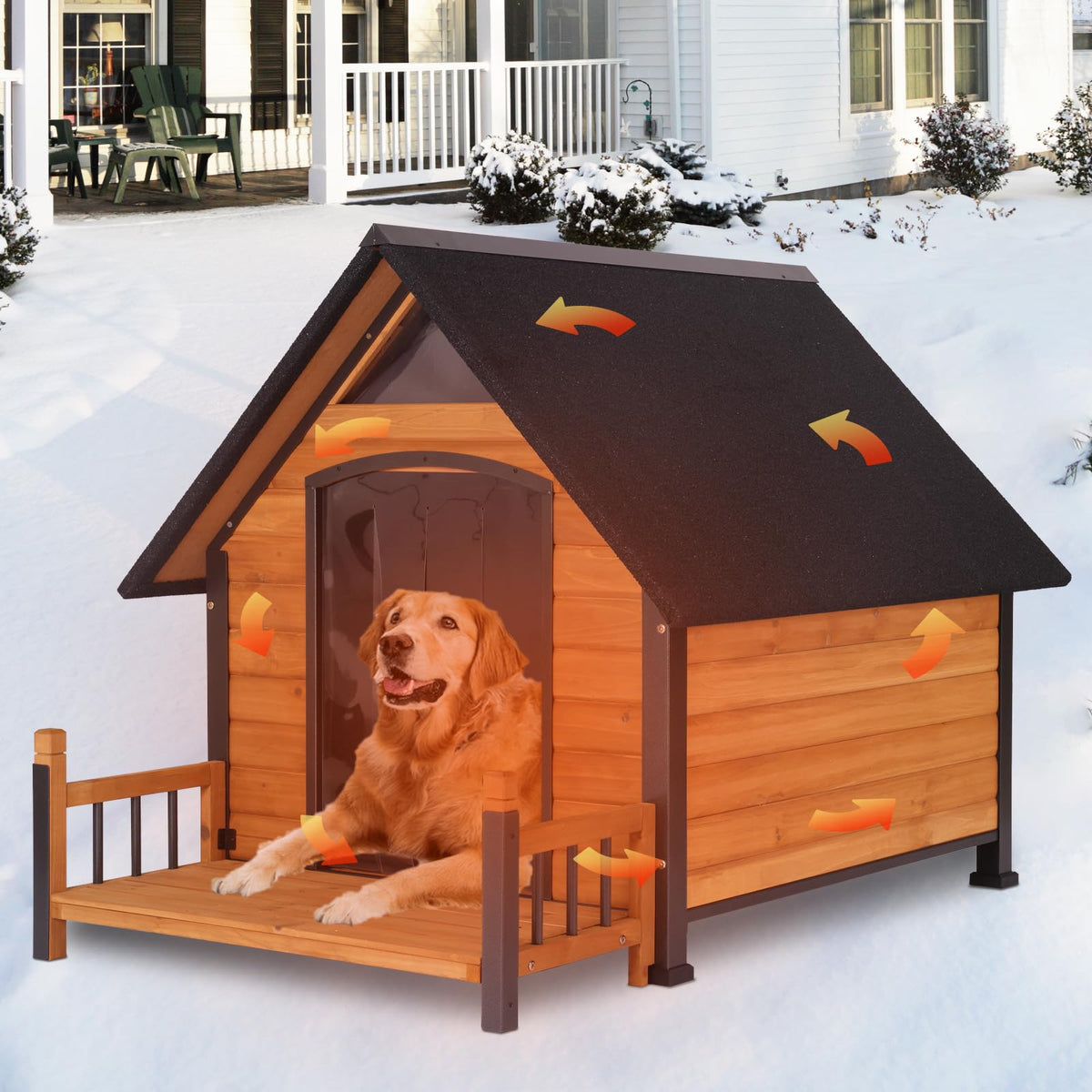GUTINNEEN Heated Dog House Outdoor Insulated Dog House Weatherproof Dog Kennel with Thermostat-Controlled Heating Pad, 6-Sided Thermal Liner, Chew-Proof Metal Frame for Dogs