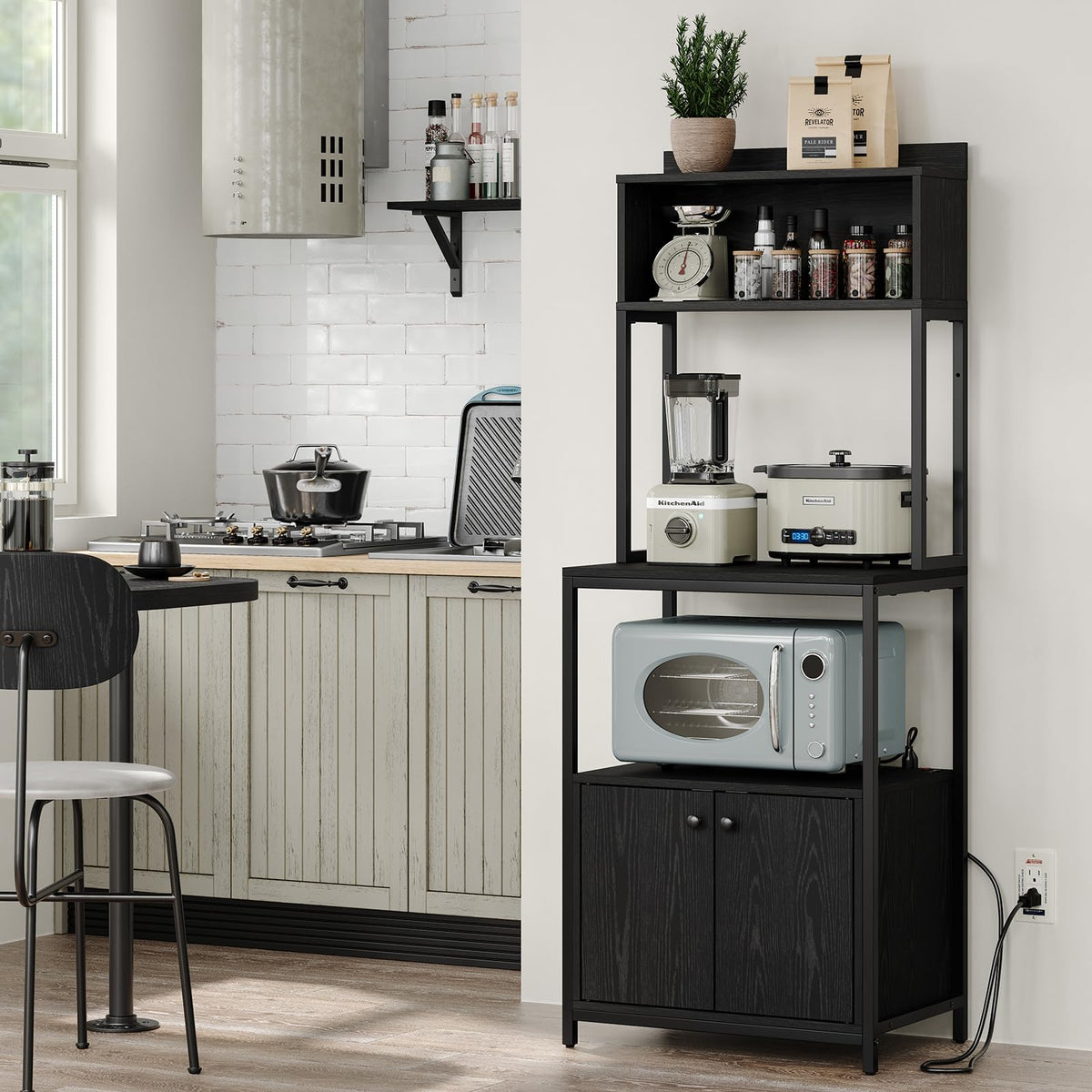 Furniouse Mini Fridge Stand with Storage, Refrigerator Cabinet with Power Outlet - Multifunctional Microwave Stand, Coffee Bar Station for Dorm, Office and Kitchen, Black