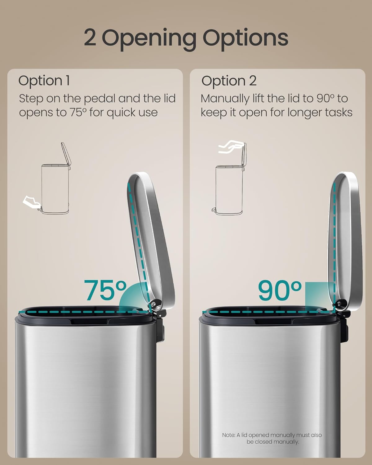 SONGMICS 20 Gallon (75 L) Trash Can, Stainless Steel, Step-On Pedal