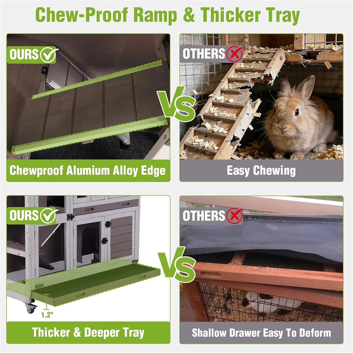 GUTINNEEN Rabbit Hutch Mobile Bunny Cage with Large Wheels, Chewproof Ramp, Leak Proof Trays – Ideal Cage for Rabbits, Guinea Pigs, Indoor/Outdoor Use, 44" L x 20" W x 41.5" H