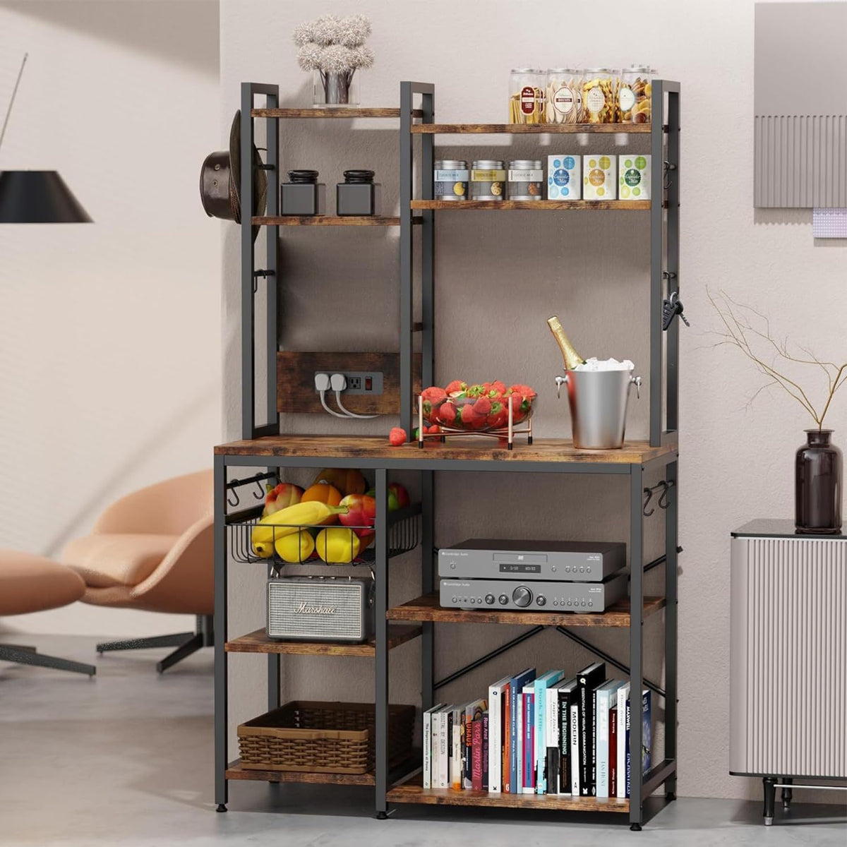 Cheersstar Bakers Rack with Power Outlet -, Standing Kitchen Baker’s Rack, 6-Tier Microwave Stand, Coffee Bar with 12 S-Shaped Hooks, Kitchen Shelf with Storage, Coffee Bar Station, for Rustic Brown
