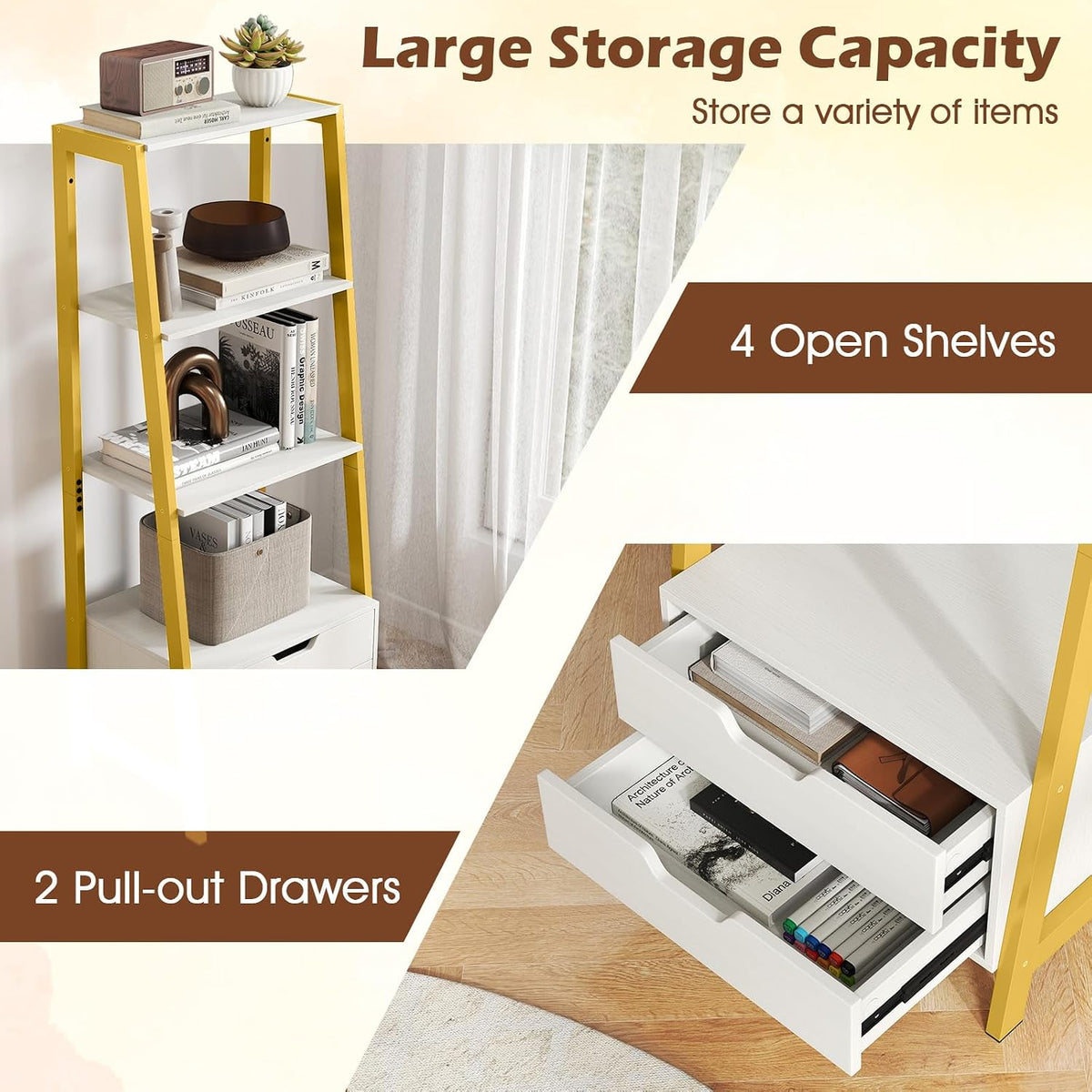 GIANTEX 4-Tier Bookshelf with 2 Drawers Set of 2, Modern Ladder Bookshelf w/Storage, Sturdy Metal Frame, Anti-toppling Devices, Display Standing Shelf Unit, Freestanding Bookcase, White & Gold