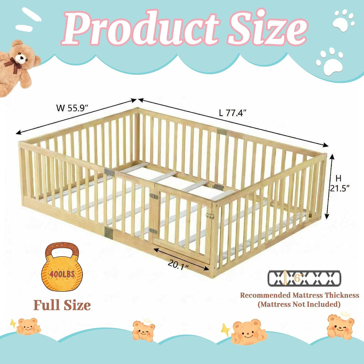 Full Montessori Floor Bed with High Rails, Door & Slats for Kids, Natural