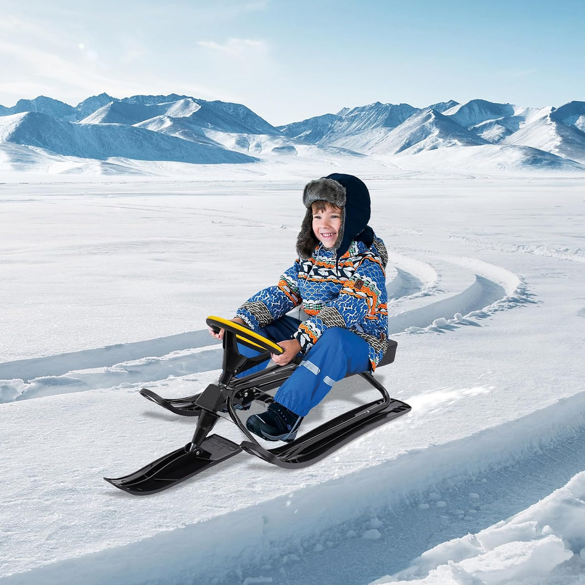 Kart Snow Sled, Steering Snow Sled, Snow Sled for Kids, 220Lb, Kart Style, Steering & Brakes, 31In Baseboard, Ski Sand Grass, 3-15Y, PU Seat