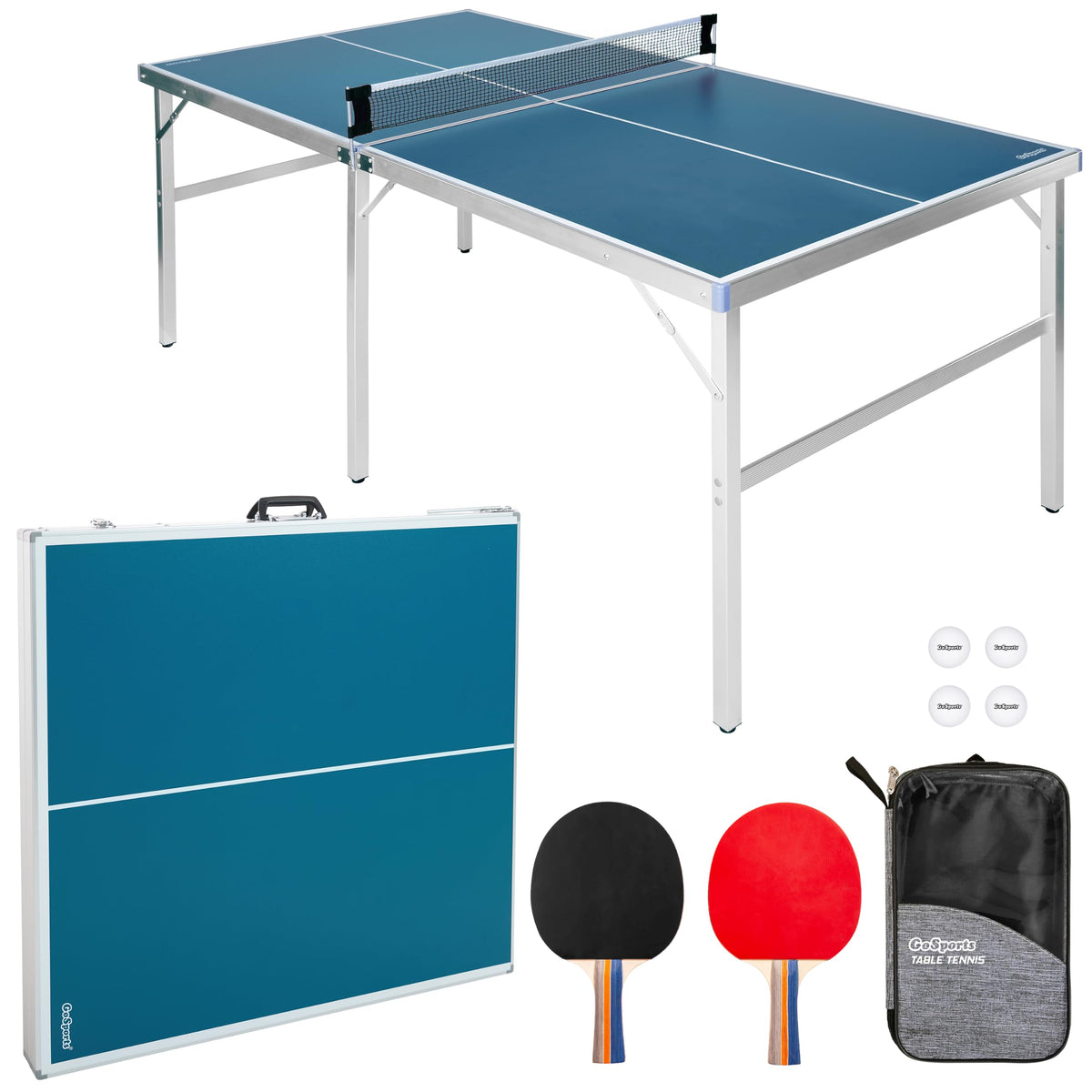 GoSports Mid-Size Table Tennis Game Set - Red or Blue - Indoor/Outdoor Portable Table Tennis Game with Net, 2 Table Tennis Paddles and 4 Balls