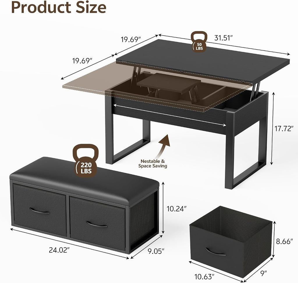 Lift Top Coffee Table with Storage Bench, Black