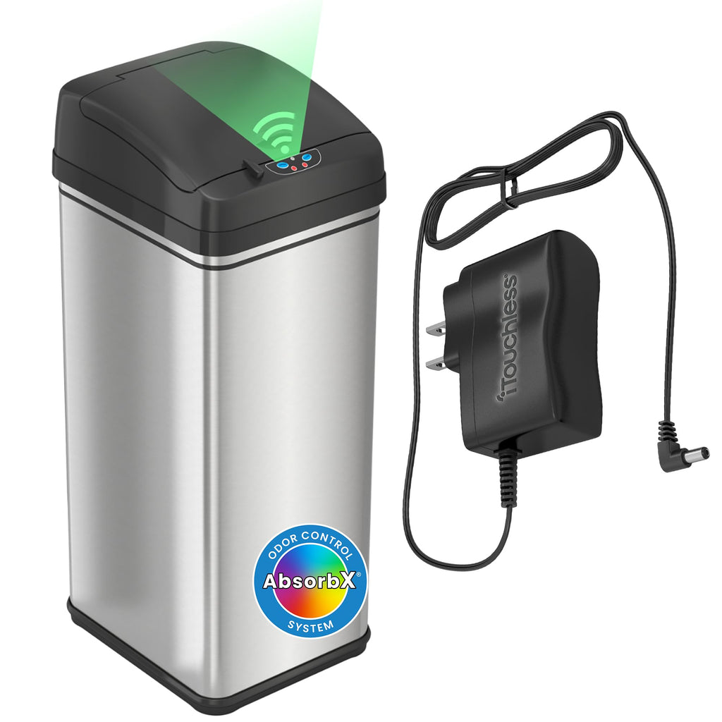 iTouchless Patented 13 G Stainless Steel Sensor Trash Can | AbsorbX Filter