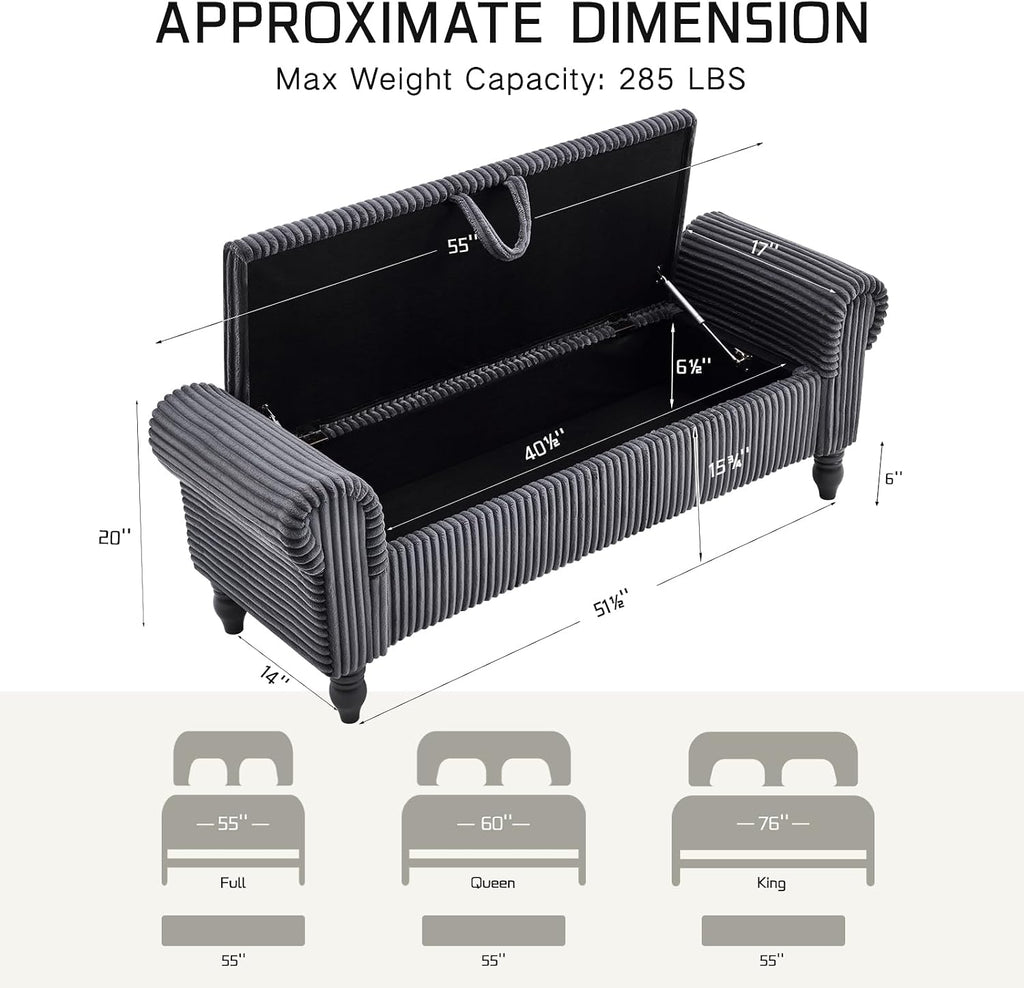 55" Corduroy Storage Ottoman Bench, Queen Bed, Grey