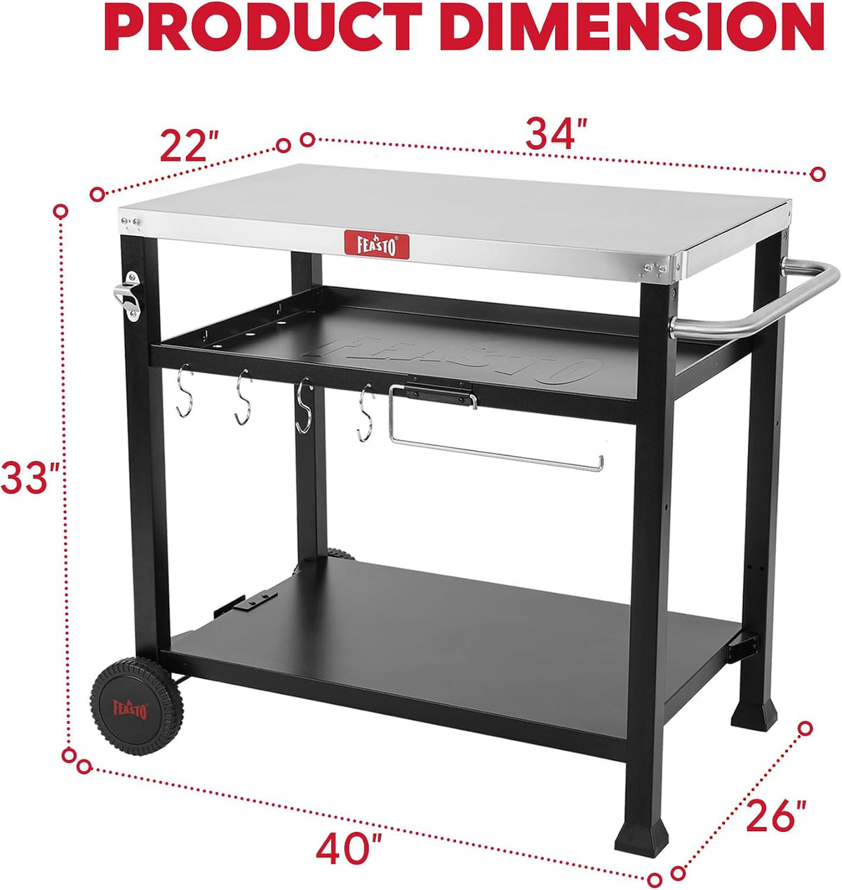 Feasto 3-Shelf Pizza Oven Table, Outdoor Grill Cart, 33.5" x 21.7", Black