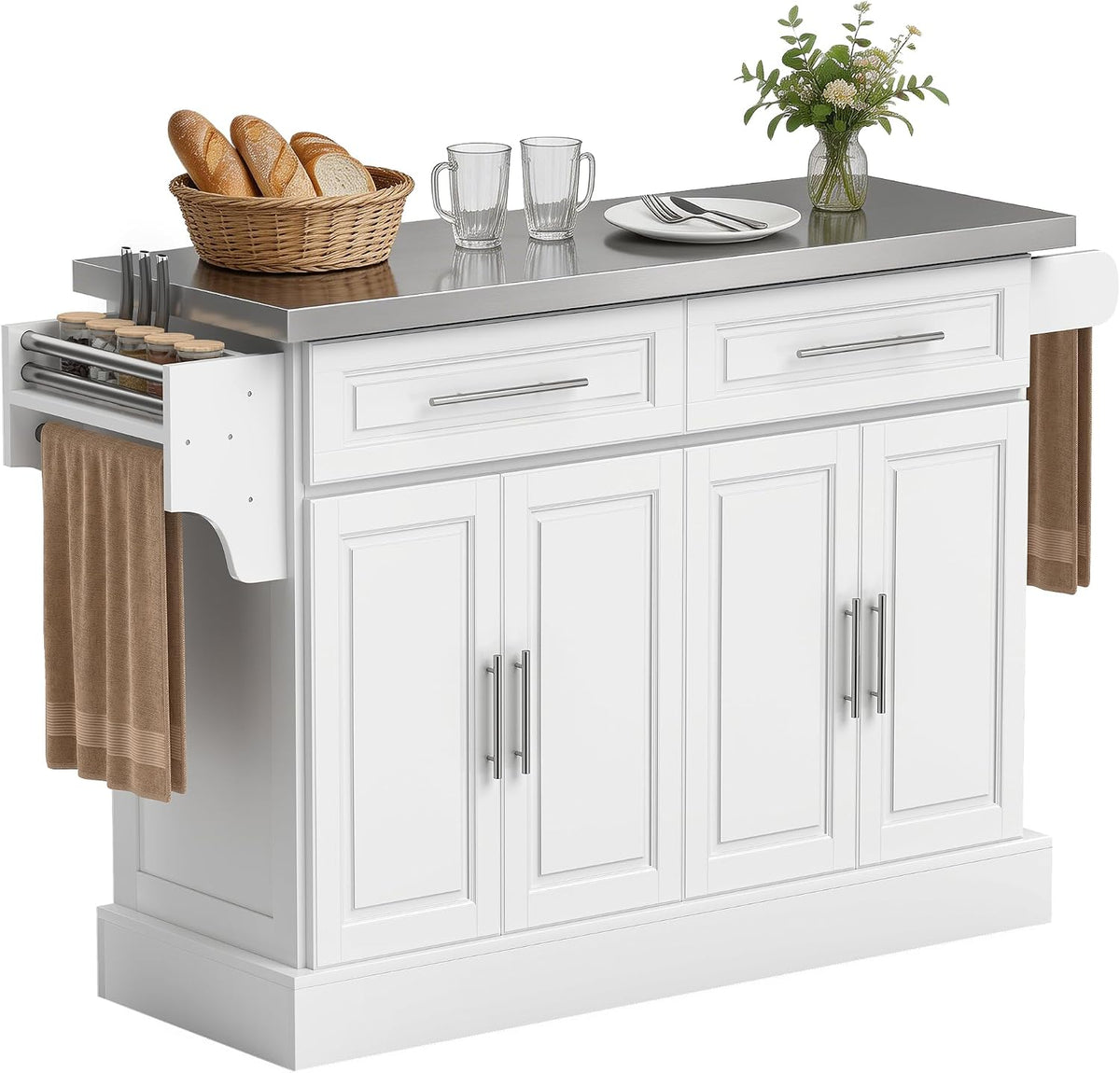 HOMCOM Rolling Kitchen Island Cart with 47" Stainless Steel Top White