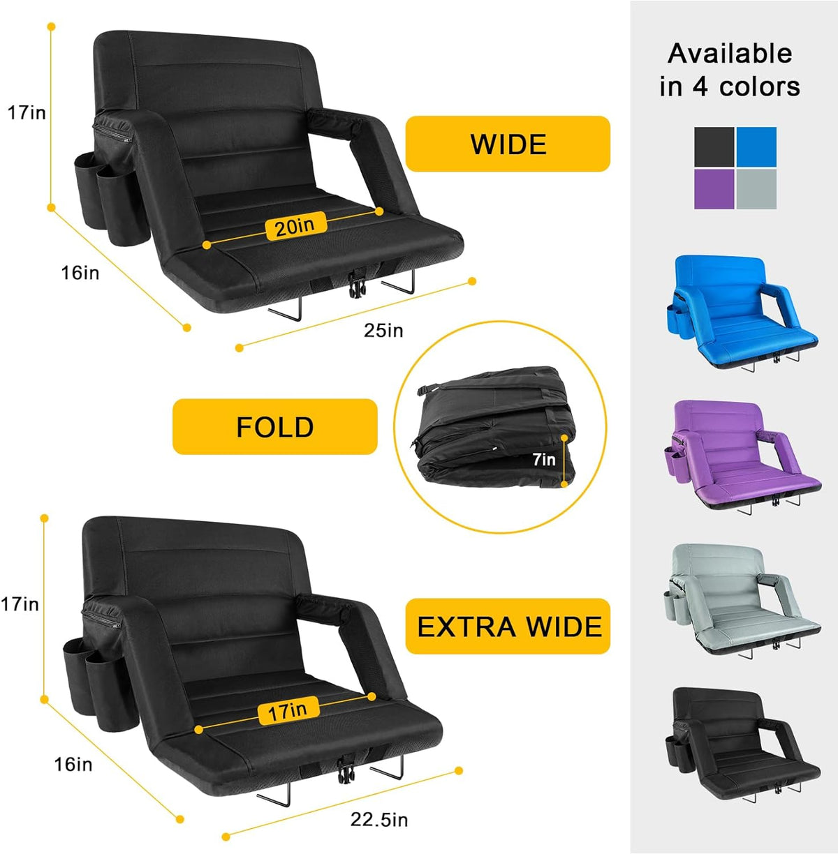 yeyeeyyee Stadium Seats with Back Support 2 Pack Wide, Exclusive Bleacher Chairs with Back and Cushion Folding Stadium Chairs, 6 Reclining Positions Waterproof Bleacher Seats (Wide|22.5" Black)