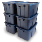 Rubbermaid Roughneck Tote 18 Gal, 6 Pack, Made in USA, Dark Indigo Metallic, Rugged Plastic Stackable Storage Bins with Lids and Handles