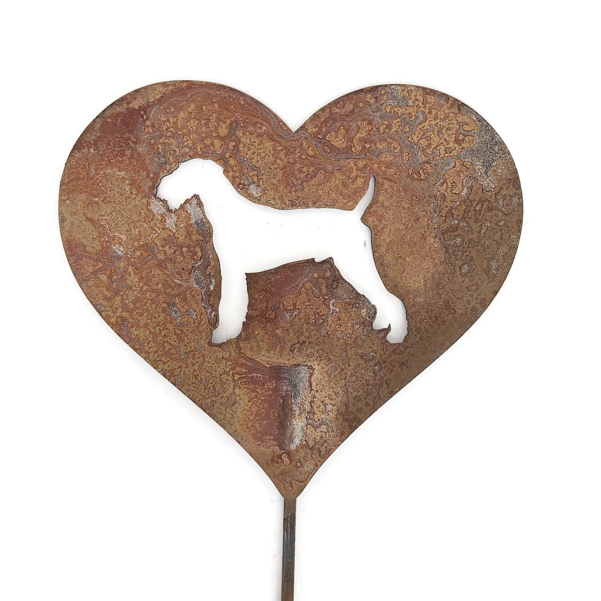 Pet Dog, Cat, Rabbit or Bird Keepsake Memorial Heart Garden Stake 20 to 28 Inches Tall (Large Heart, 28" Tall, Schnauzer, Naturally Rusted)