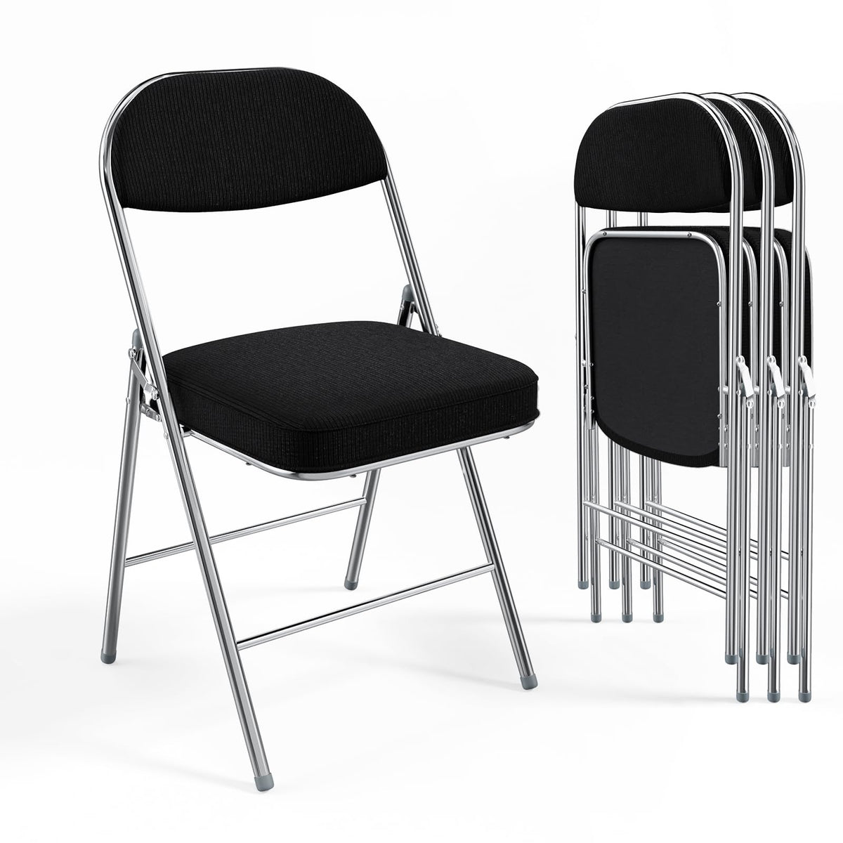 VINGLI 4 Pack Folding Chairs with Padded Seat & Backrest, Metal Frame, Durable Corduroy Fabric, 350 lbs Capacity, Set of 4, Black – Ideal for Weddings, Parties, Office Events