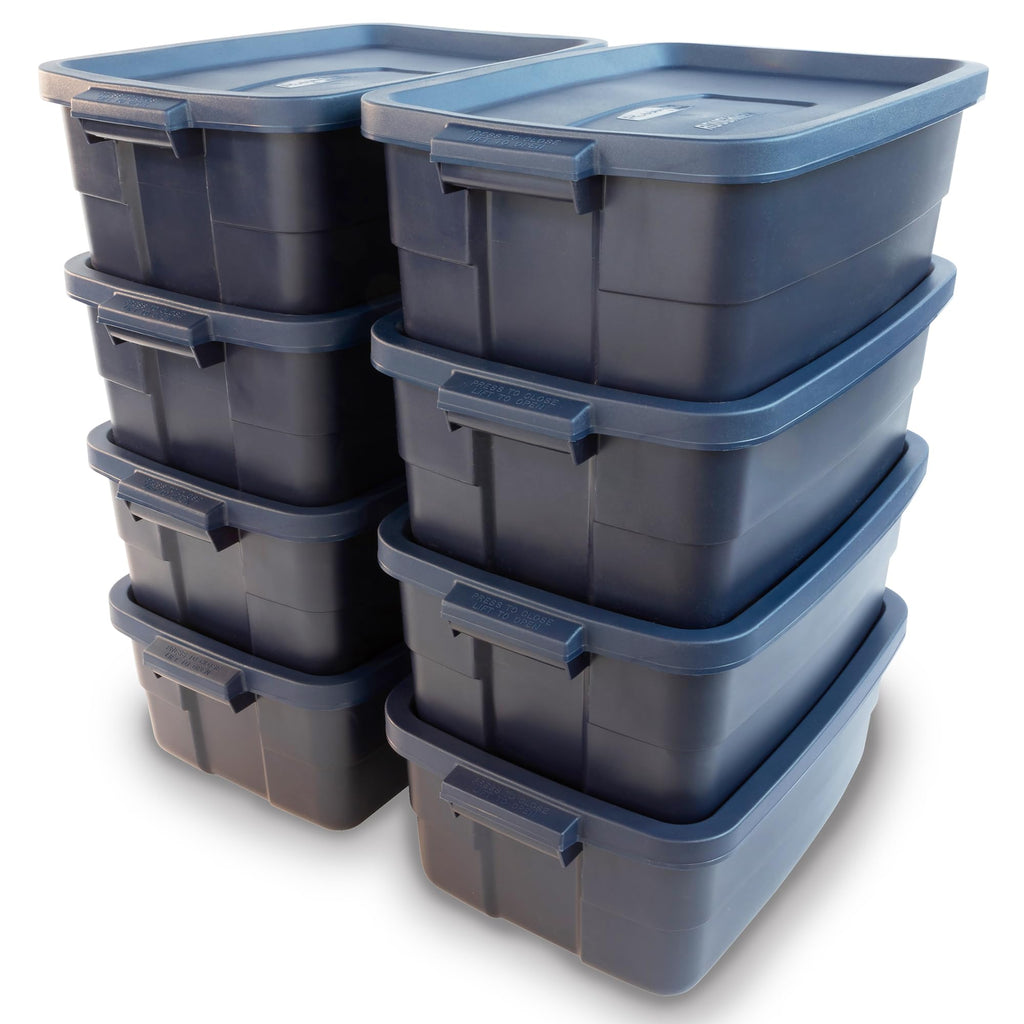 Rubbermaid Roughneck Tote 18 Gal, 6 Pack, Made in USA, Dark Indigo Metallic, Rugged Plastic Stackable Storage Bins with Lids and Handles