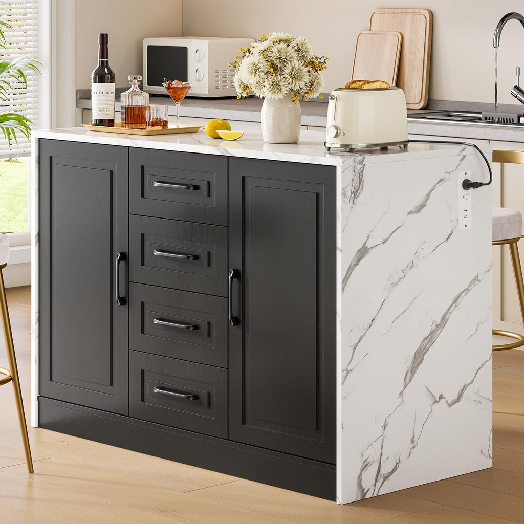 ONBRILL Kitchen Island with 2 Storage Cabinets & 4 Drawers, White+Black