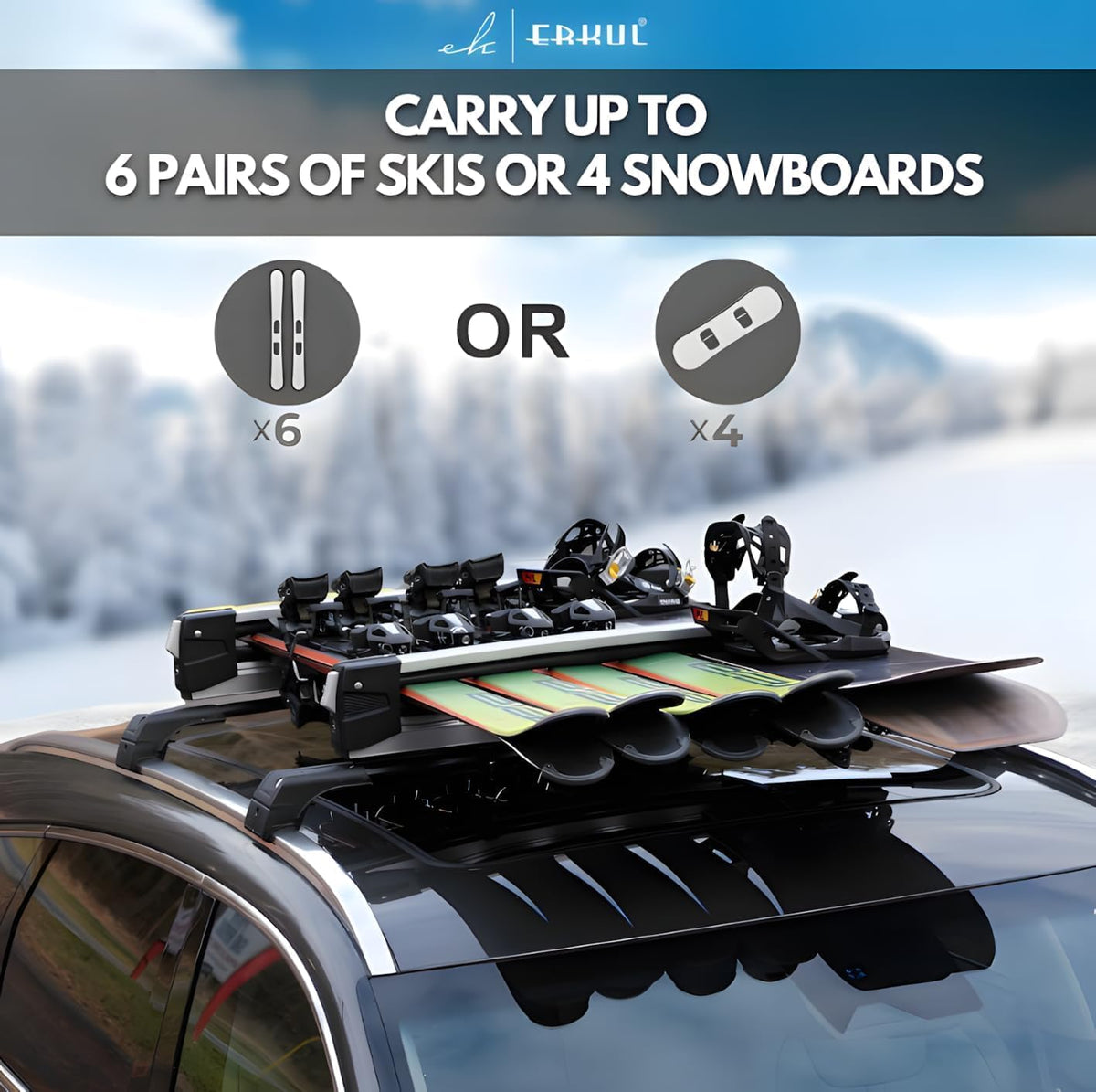 Erkul Ski Rack for Car Roof with Sliding Extension - 35" Universal Ski & Snowboard Rack with Lock | Holds 6 Pairs of Skis or 4 Snowboards - Fits All Types of Cross Bars-Black