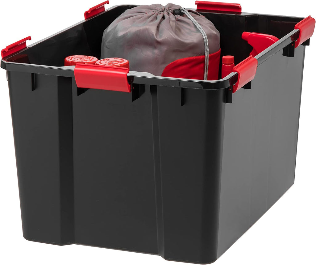IRIS USA 4-Pack 74 Qt Storage Bins with Gasket Lids, Black/Red