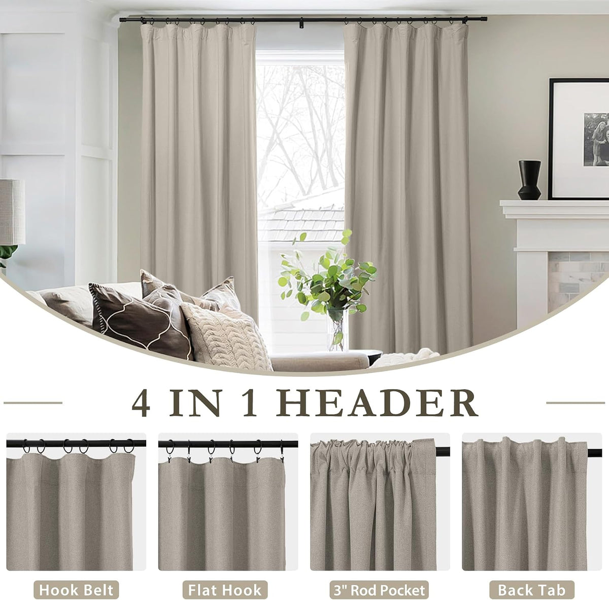 ChadMade 100% Blackout Window Drapes for Living Room, Rod Pocket Back Tab Hook Belt Flat Hooks Curtains for Bedroom Living Room Privacy Protect Curtains, Khaki, 2 Panels, 50 W x 168 L Inch