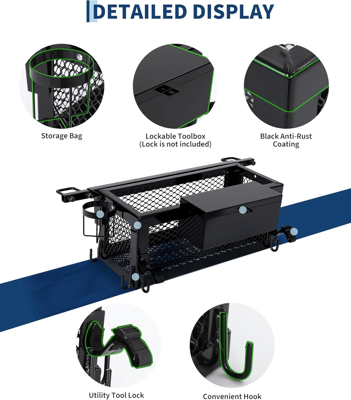 Heavy Duty Tractor Tool Box Basket Attachment – 24x10x10in Storage Box for Compact Tractors – Includes Storage Bag, Hook, Ratchet Strap – Durable Farm Equipment Accessory
