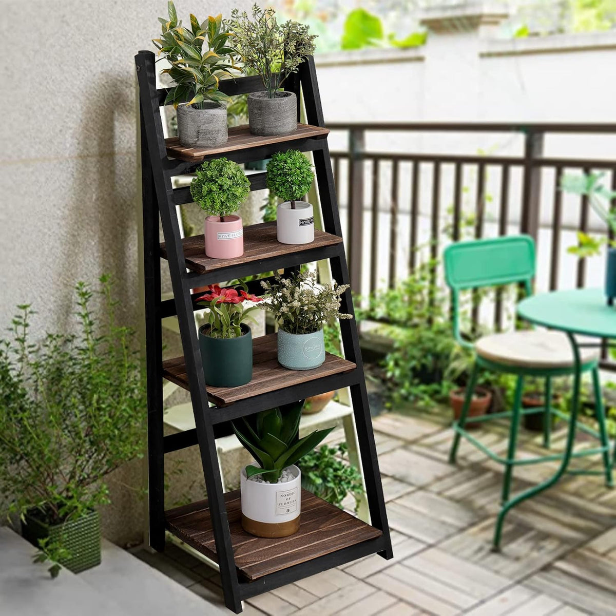 ACEHOME 4 Tier Ladder Shelf, Home Office Ladder Bookshelf 45.7 Inch, Solid Wood Bookcase, Freestanding Storage Organizer Rack, Industrial Shelf with for Bedroom, Living Room, Home Office-Black+Brown