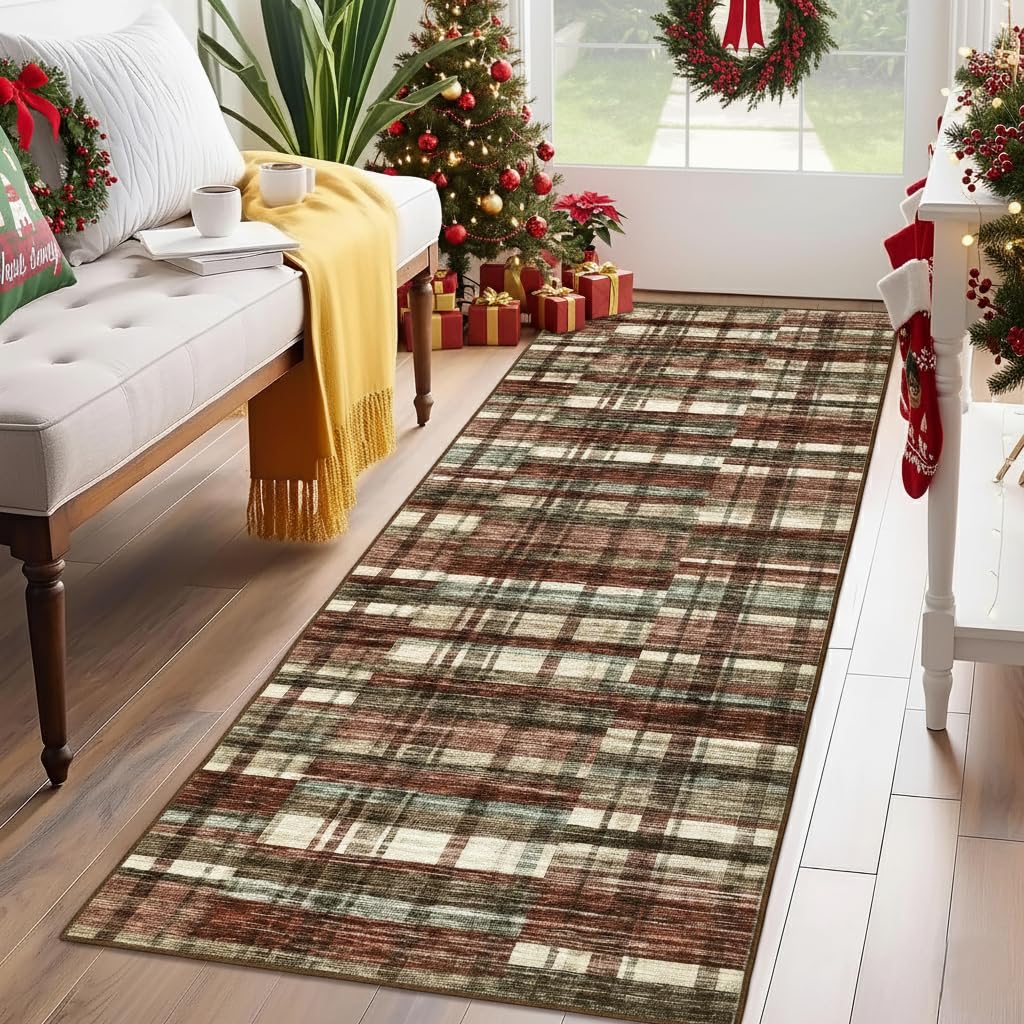 Modern Washable 8x10 Area Rug - Soft, Non-Slip, Stain Resistant, Farmhouse Tartan Plaid for Living Room, Bedroom, Nursery, Office - Beige