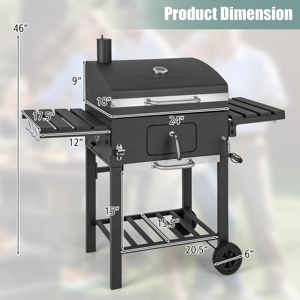 Giantex Charcoal Grill 24 inch, BBQ Grill with 2 Foldable Side Table, Adjustable Charcoal Tray, Pull-out Ash Tray, Heavy Duty Barbecue Grill with Wheels for Outdoor Cooking Camping Backyard Party