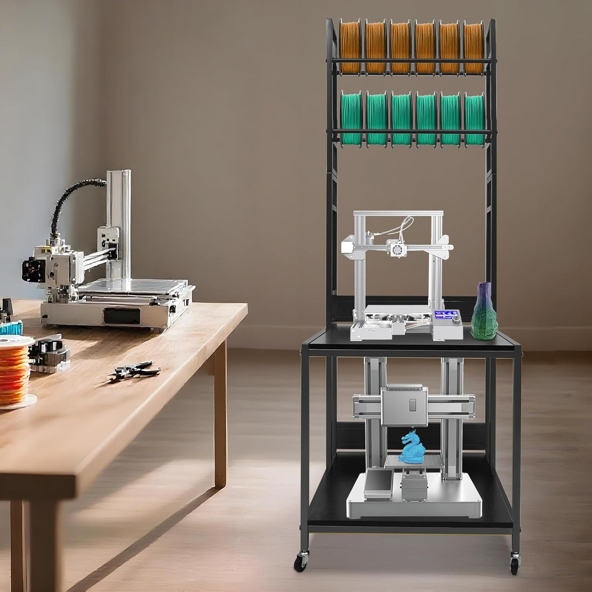 3D Printer Stand with Filament Storage Rack, 2-Tier Heavy Duty Mobile Printer Table with Wheels for Studio Office Storage and Organization