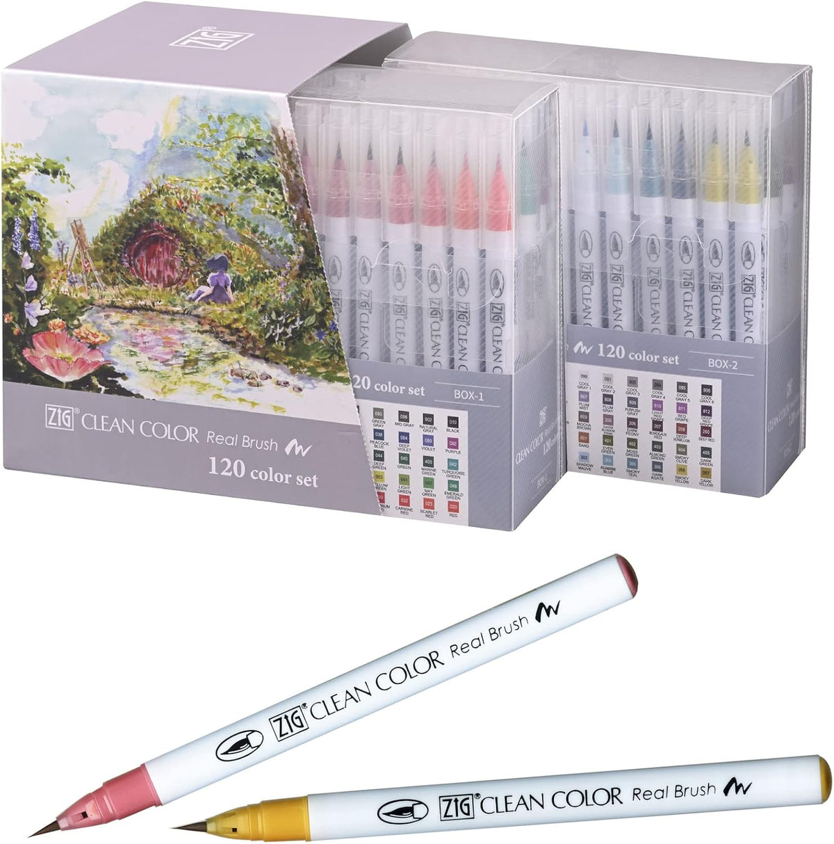 Kuretake Zig Clean Color Real Brush 120 colors set, Brush tip marker pens, for Professional and Artist, coloring, drawing, calligraphy, lettering, Made in Japan