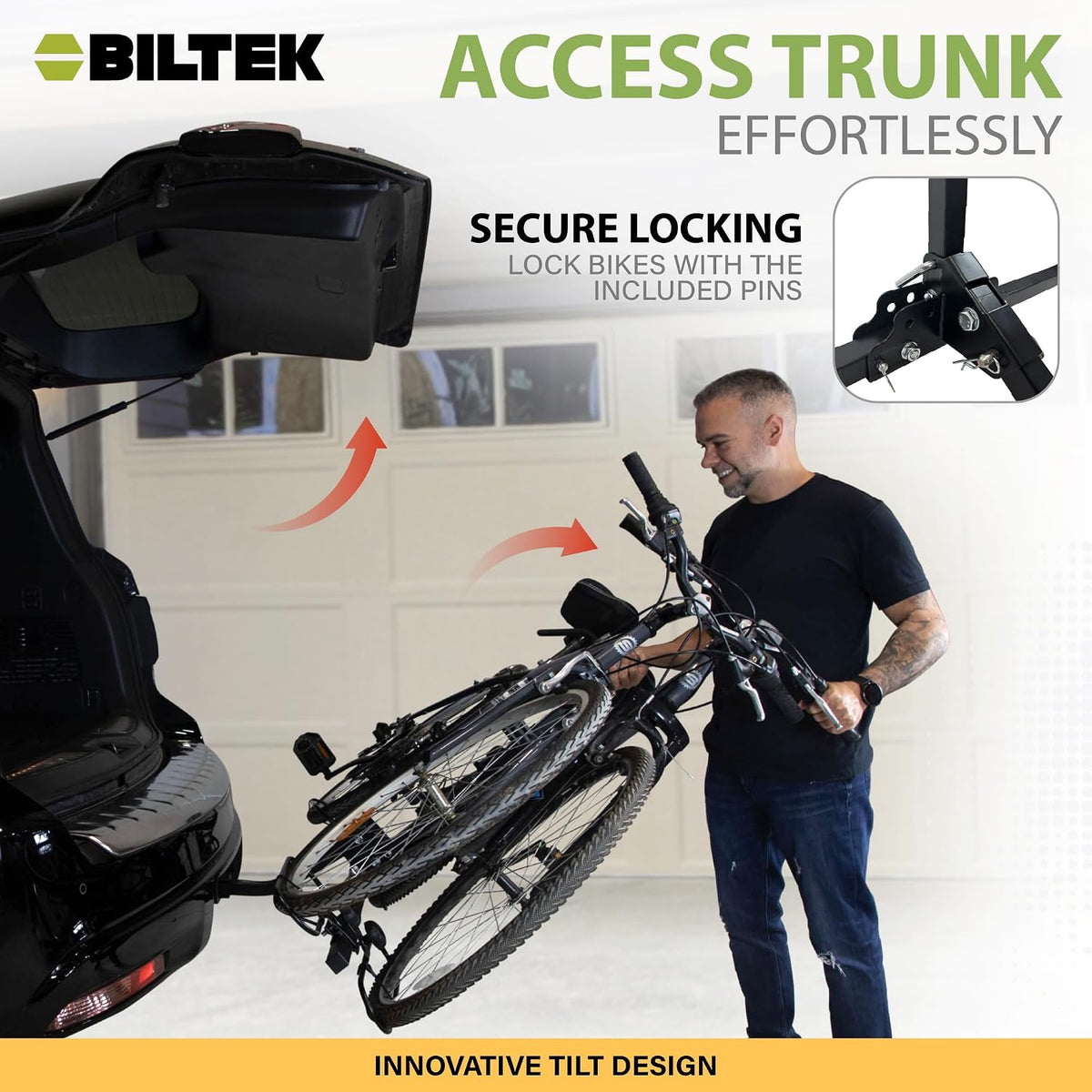 Biltek Hitch Bike Rack, 90 lbs (40 kg) Capacity, Car Bike Rack for 2 Bikes, Tiltable & Foldable, Fits 1.25" & 2" Hitch, Includes 6 Extra Straps, 2 Bike Rack for SUV, Cars, Truck, Minivan & Sedan