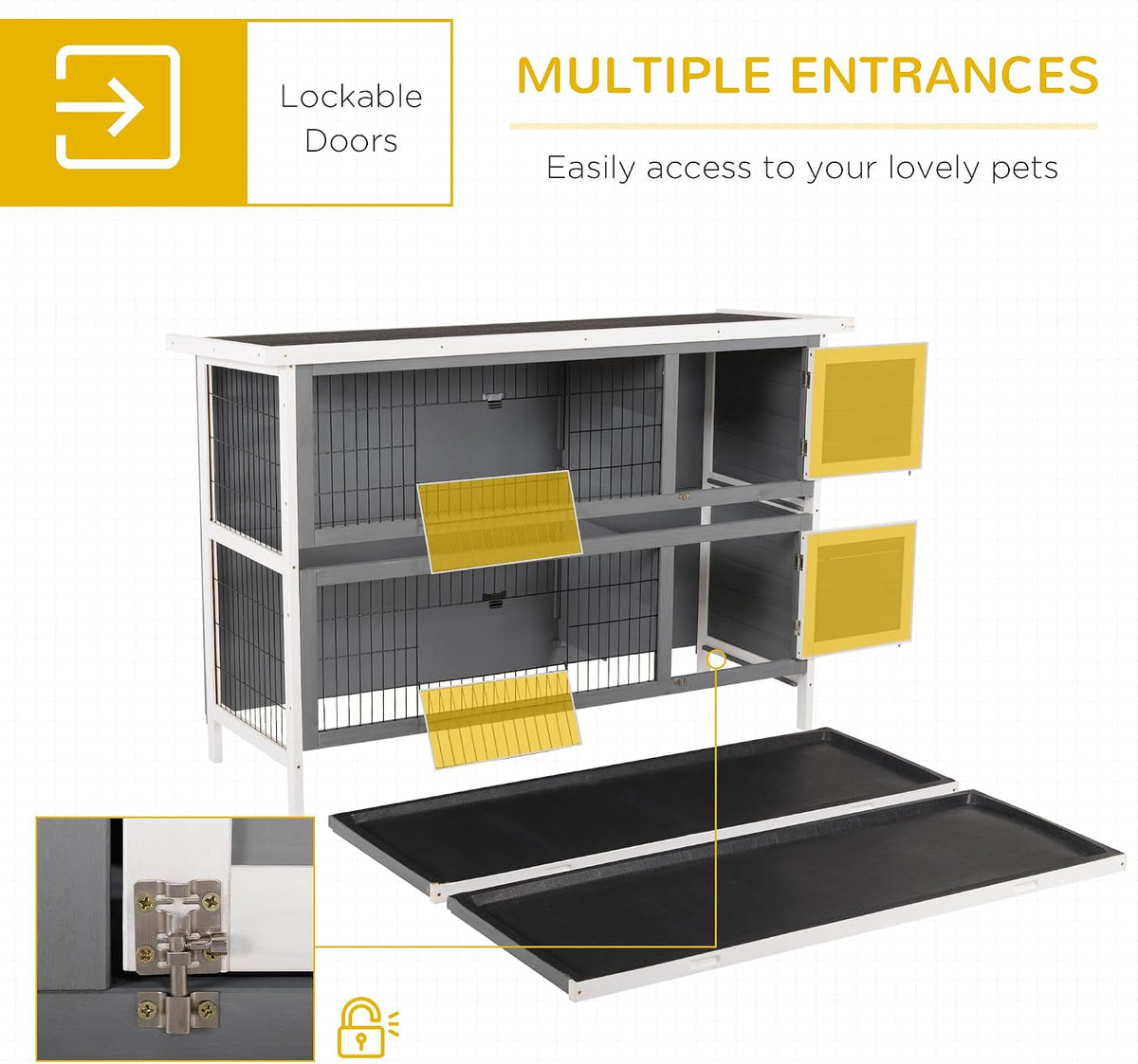 PawHut 54" 2-Story Large Rabbit Hutch Bunny Cage Wooden Pet House Small Animal Habitat with Lockable Doors, No Leak Tray and Waterproof Roof for Outdoor/Indoor Dark Grey